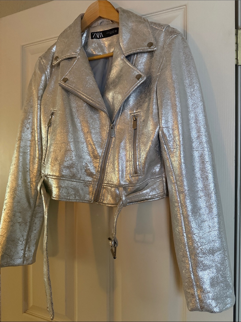 Zara Faux Leather Metallic Silver Cropped Moto Jacket - Picture 4 of 7